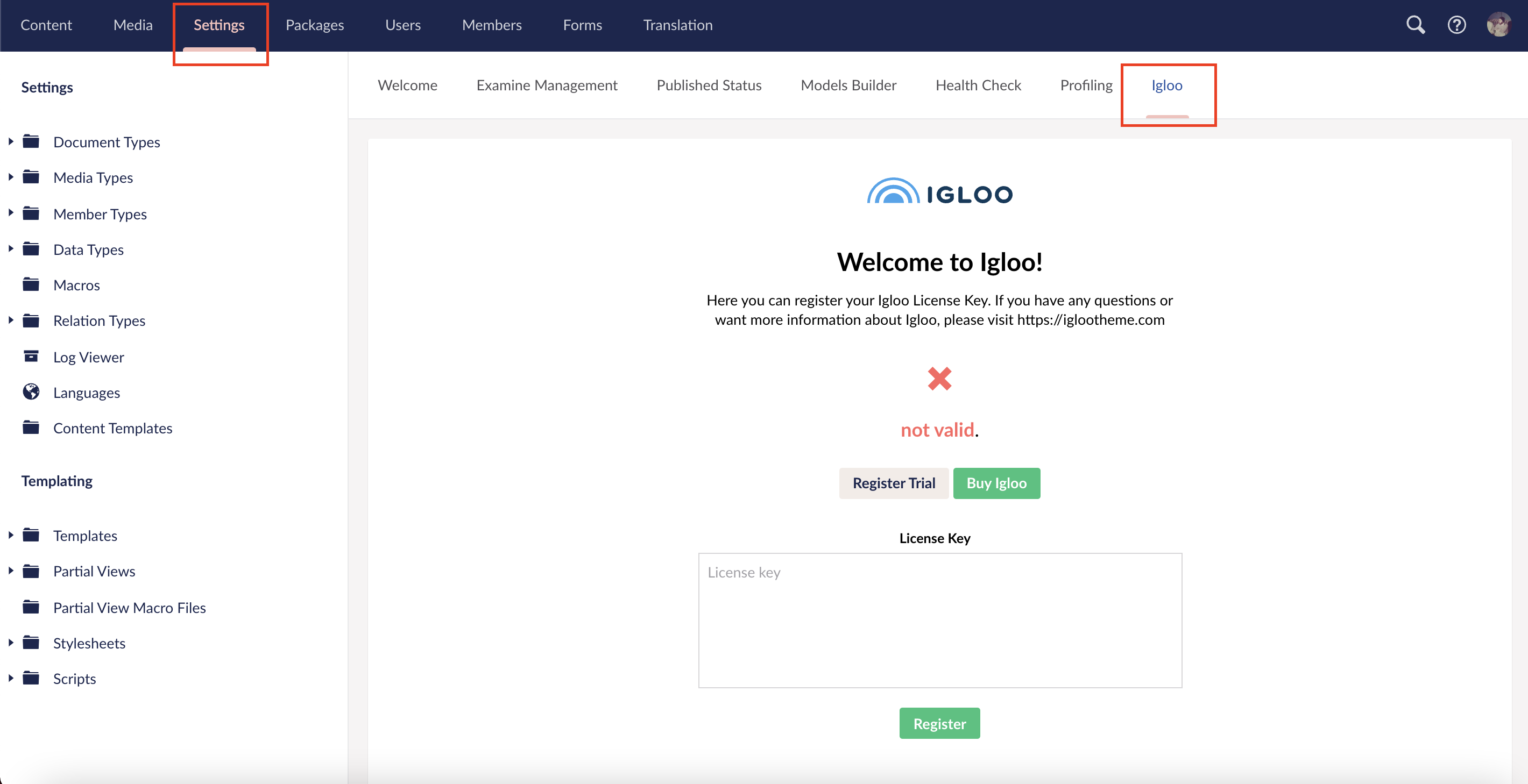 Igloo Dashboard location in the backoffice